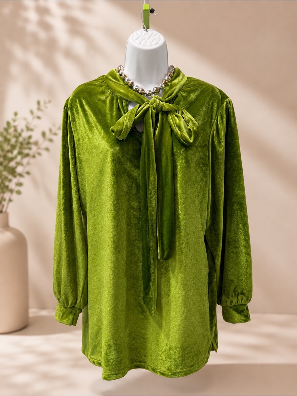 Velvet Tie-Neck Long Sleeve Top - Green (NWOT)